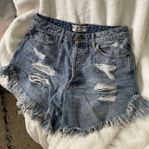 Free People Pants - High-Waisted Distressed Denim Shorts